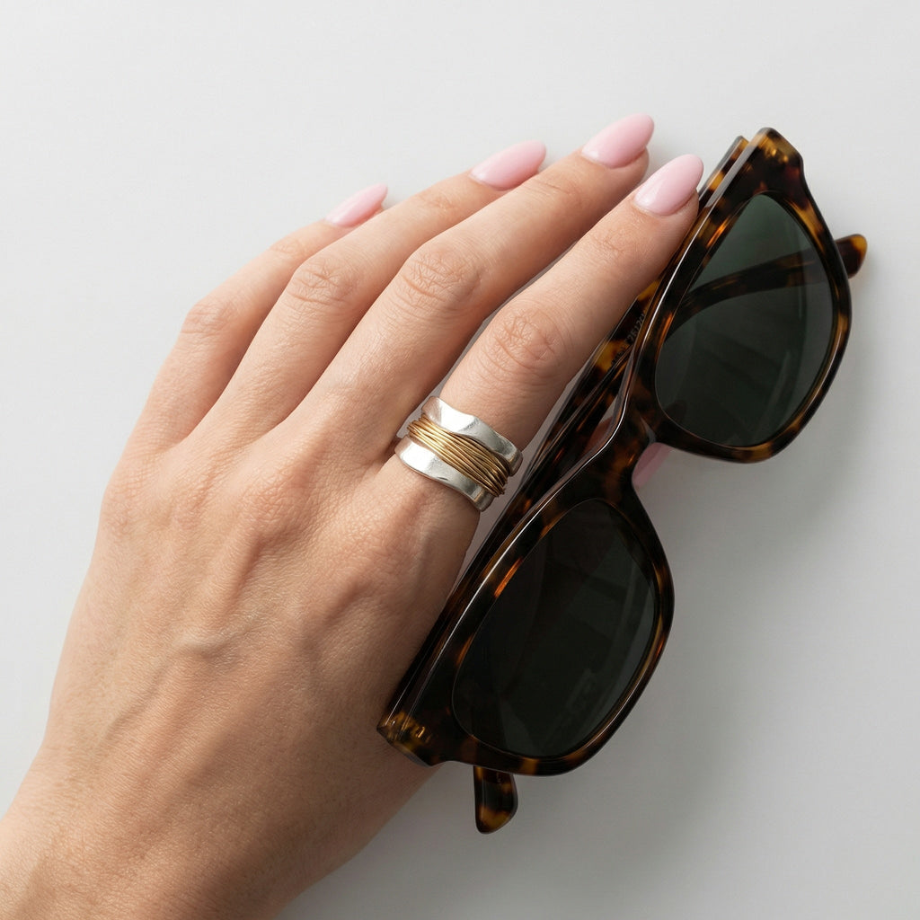 Sterling Silver Ring With Gold Accents, Wrap Design, 925 Jewelry