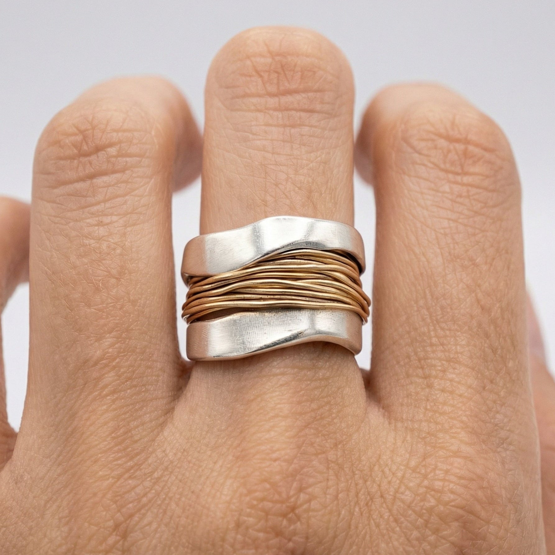 Sterling Silver Ring With Gold Accents, Wrap Design, 925 Jewelry