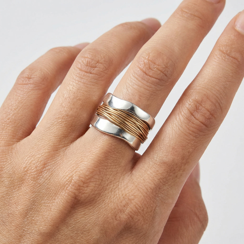 Sterling Silver Ring With Gold Accents, Wrap Design, 925 Jewelry