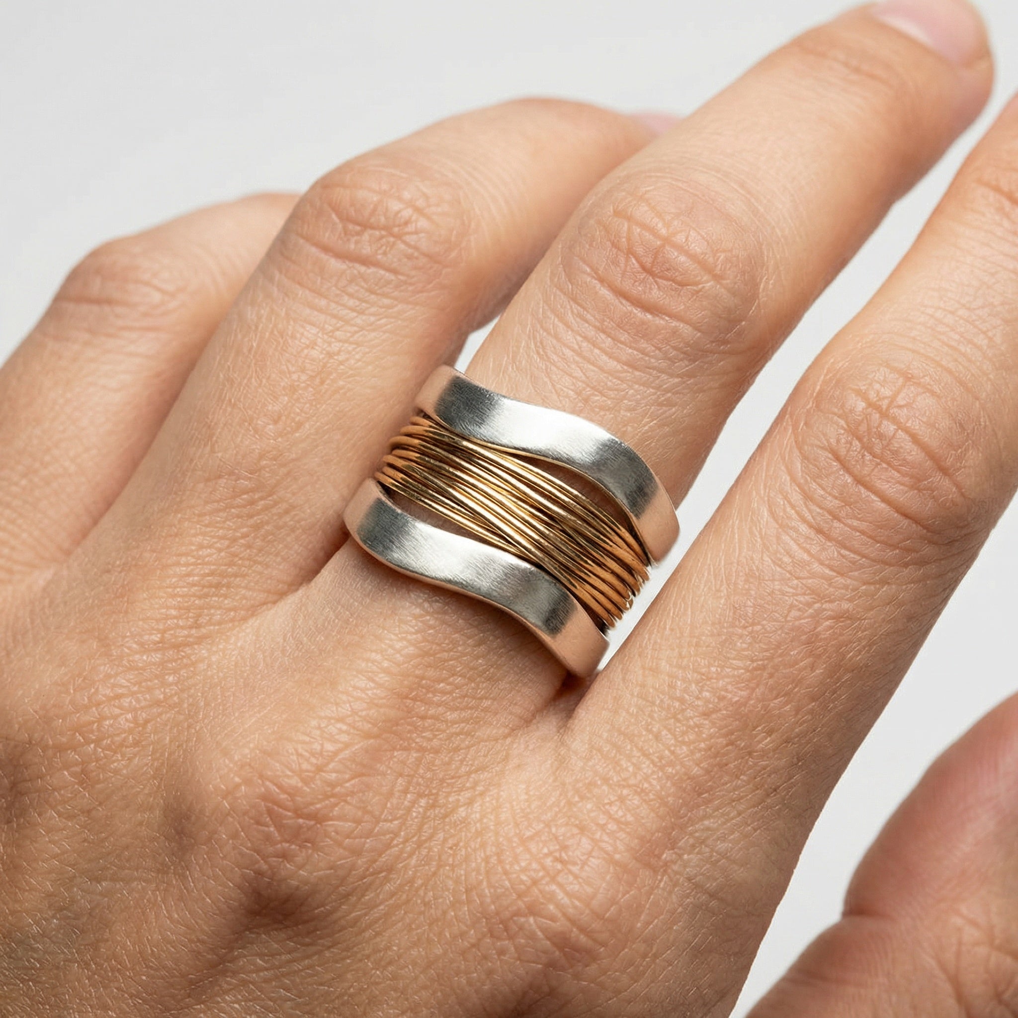 Sterling Silver Ring With Gold Accents, Wrap Design, 925 Jewelry