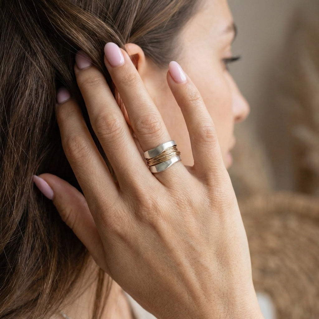 Sterling Silver Ring With Gold Accents, Wrap Design, 925 Jewelry