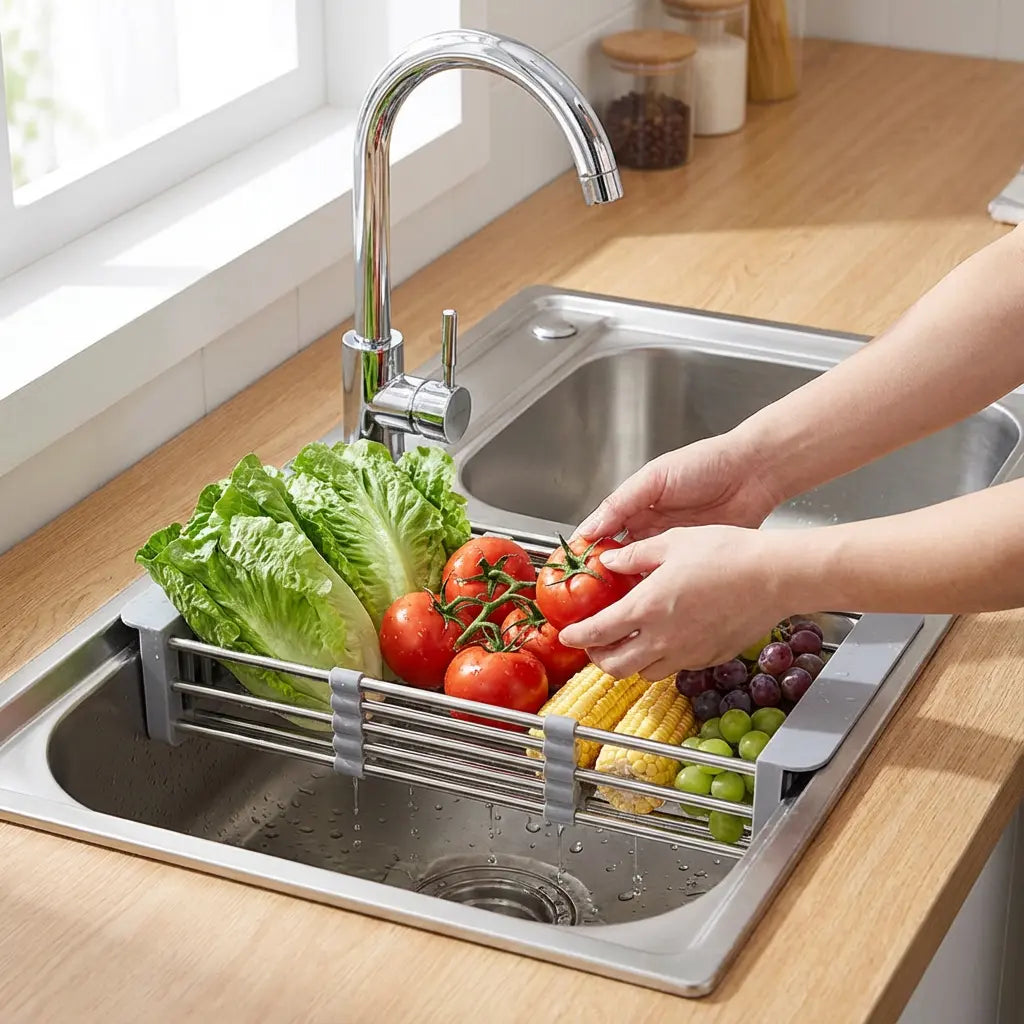 Stainless Steel Extendable Sink Draining Rack For Dishes And Produce