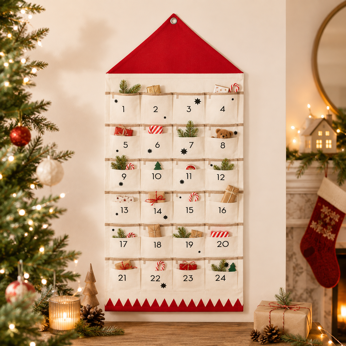 Adventskalender van stof om zelf te vullen — 24 afzonderlijke vakjes voor het aftellen in december