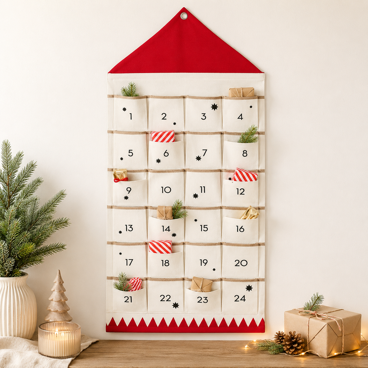 Adventskalender van stof om zelf te vullen — 24 afzonderlijke vakjes voor het aftellen in december