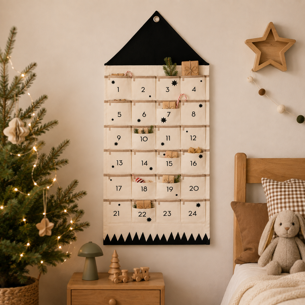 Adventskalender van stof om zelf te vullen — 24 afzonderlijke vakjes voor het aftellen in december