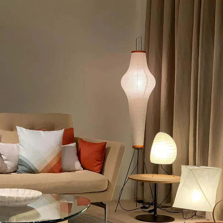 Rice Paper Floor Lamp With Sculptural Japanese Shade In Totem Or Pagoda Form For Cozy Living Rooms
