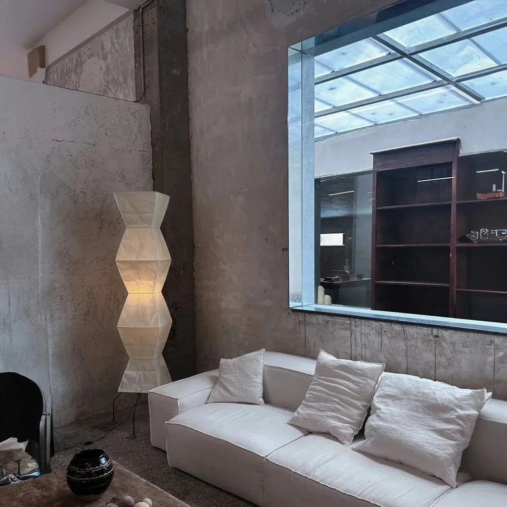 Nimbus And Helix Floor Lamp With Rice Paper Shade And Sculptural Layered Design For Ambient Glow