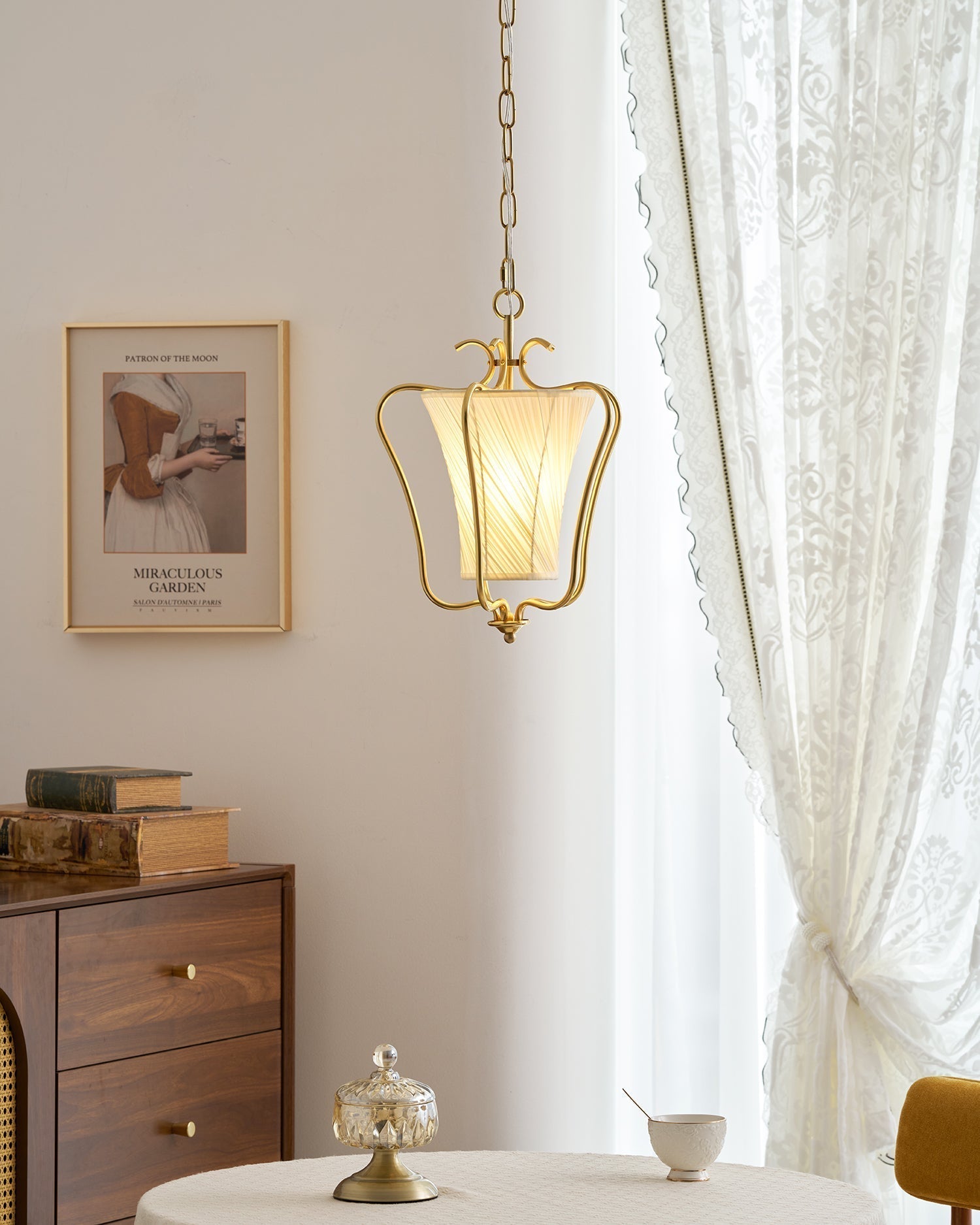 Vintage Brass Finish Lantern Pendant With Pleated Fabric Shade