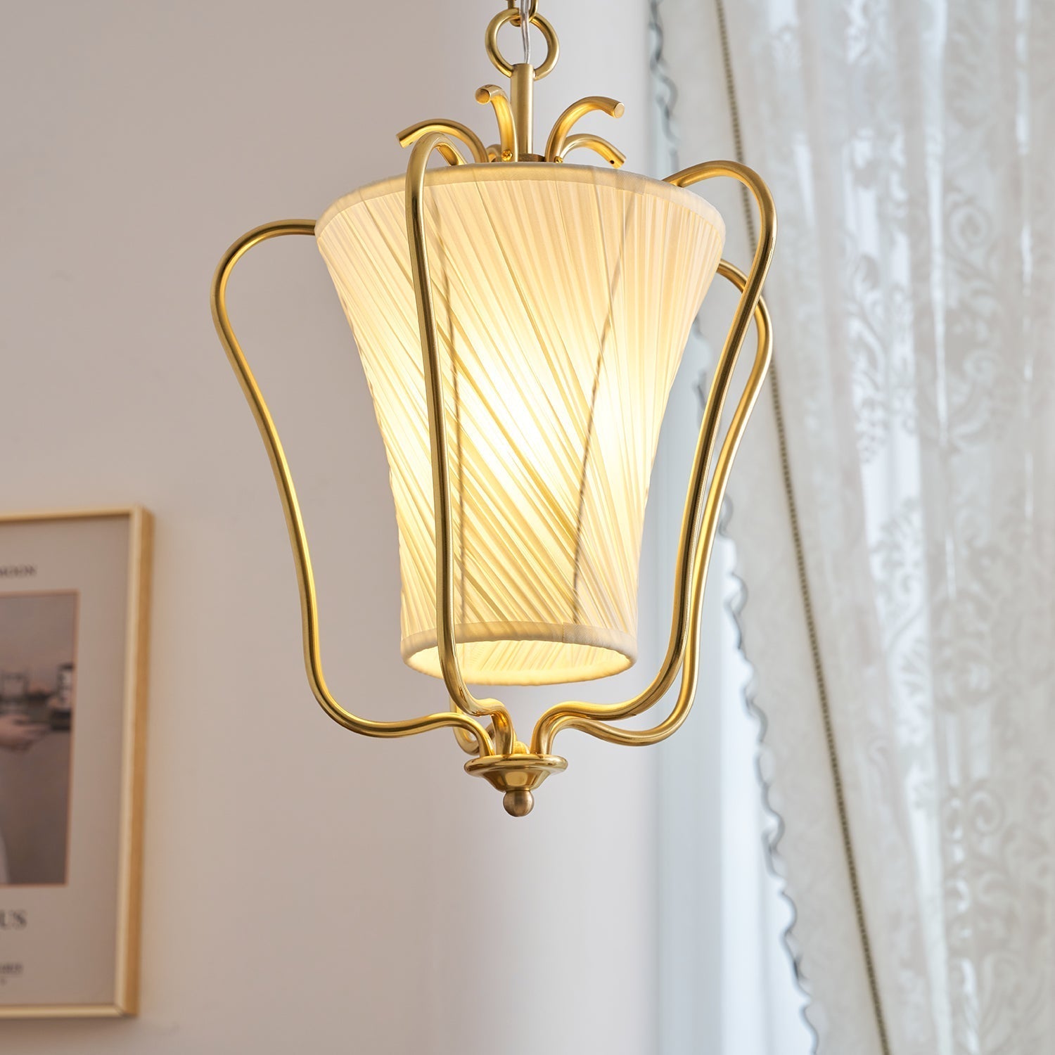 Vintage Brass Finish Lantern Pendant With Pleated Fabric Shade