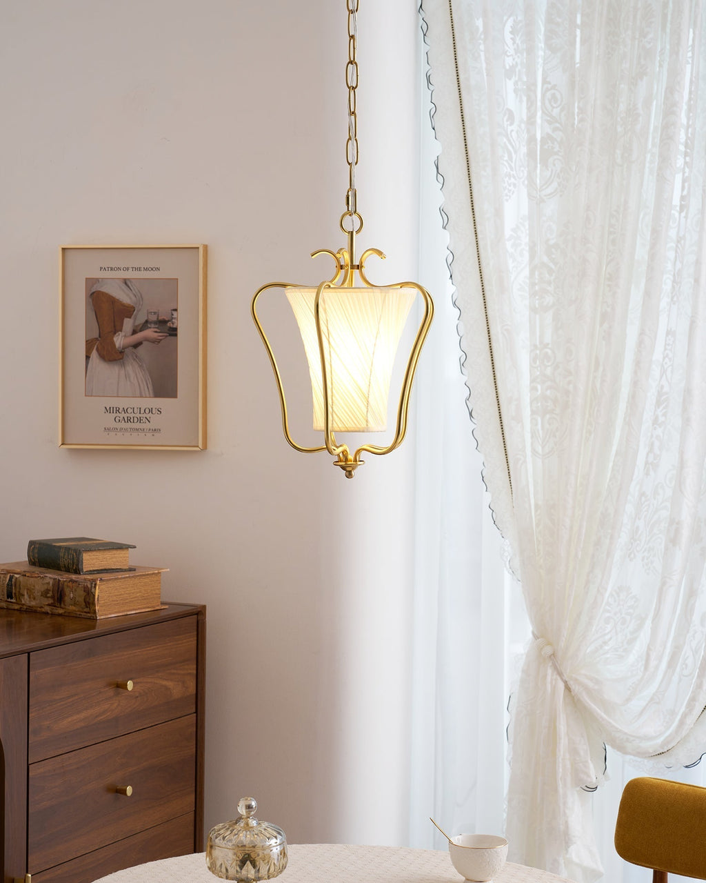 Vintage Brass Finish Lantern Pendant With Pleated Fabric Shade