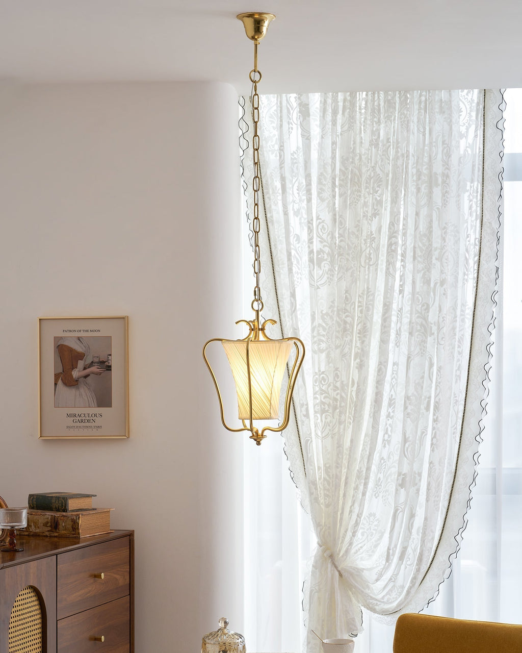 Vintage Brass Finish Lantern Pendant With Pleated Fabric Shade