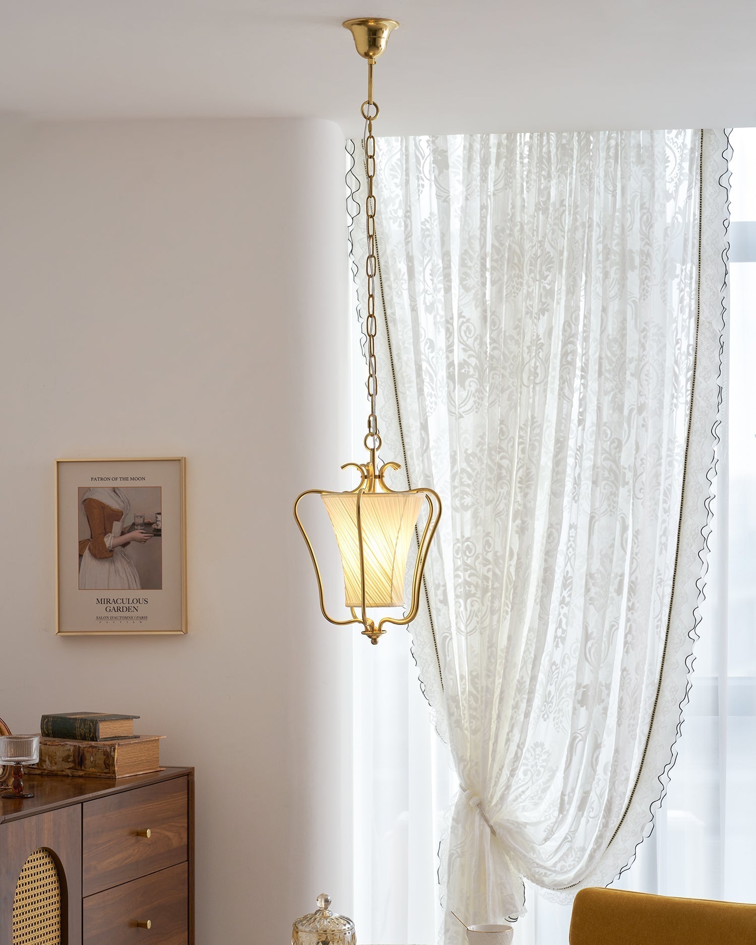 Vintage Brass Finish Lantern Pendant With Pleated Fabric Shade