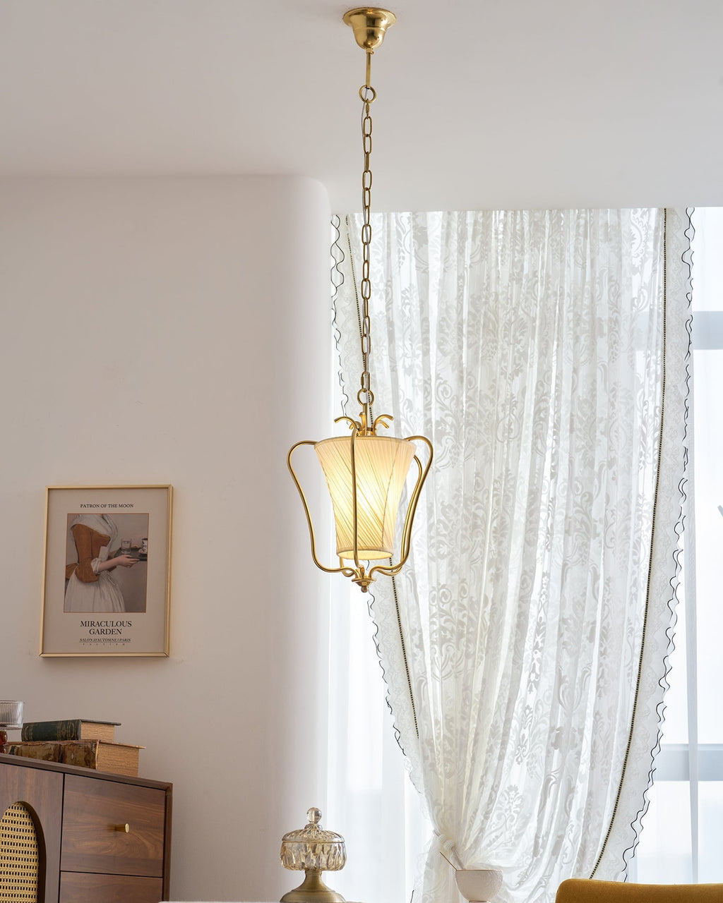 Vintage Brass Finish Lantern Pendant With Pleated Fabric Shade