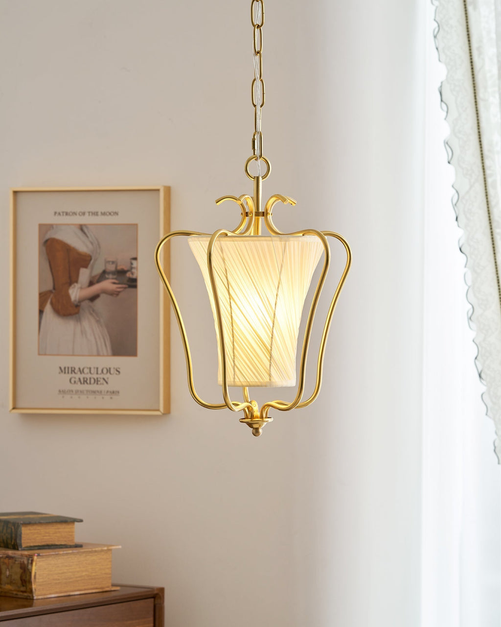 Vintage Brass Finish Lantern Pendant With Pleated Fabric Shade
