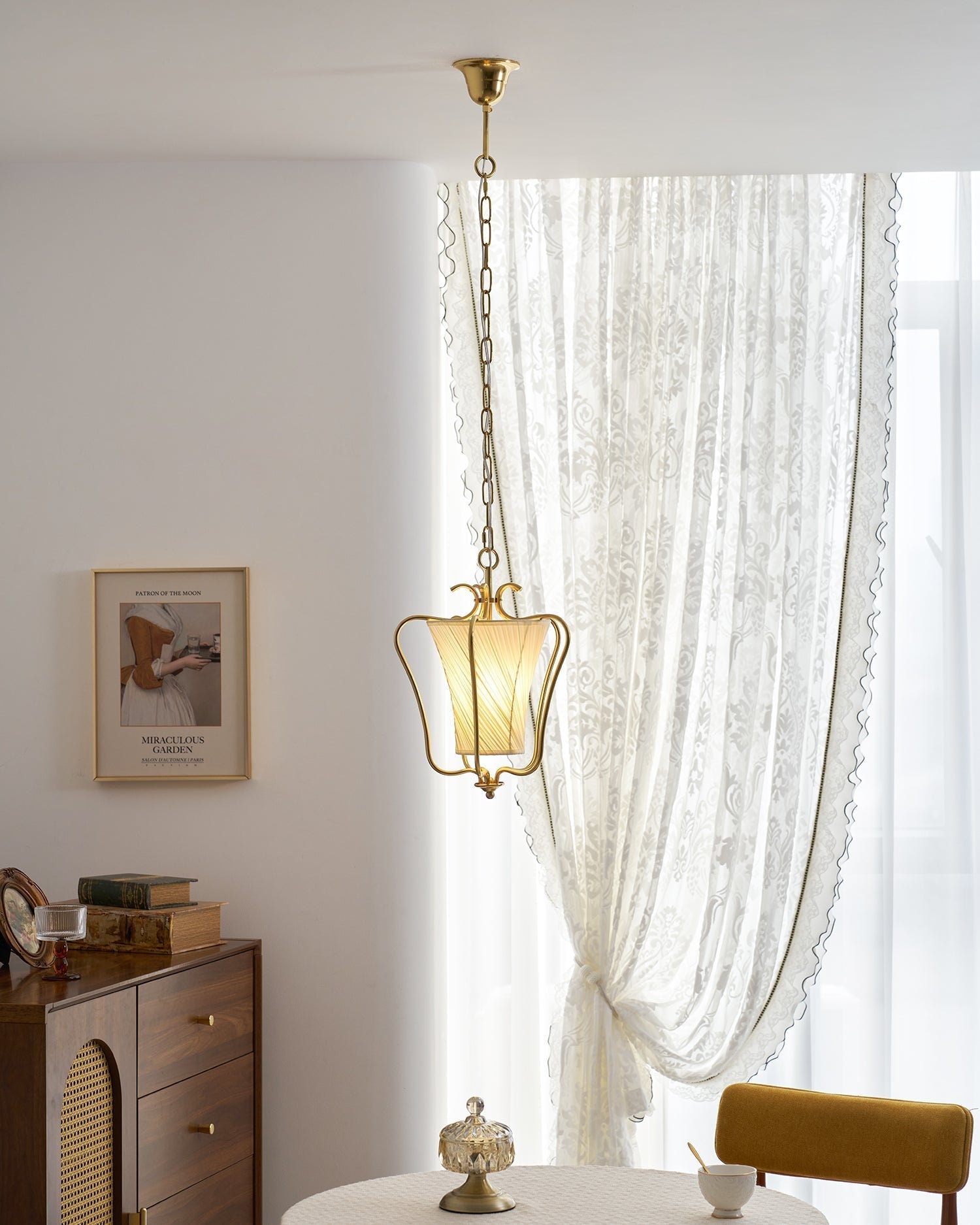Vintage Brass Finish Lantern Pendant With Pleated Fabric Shade