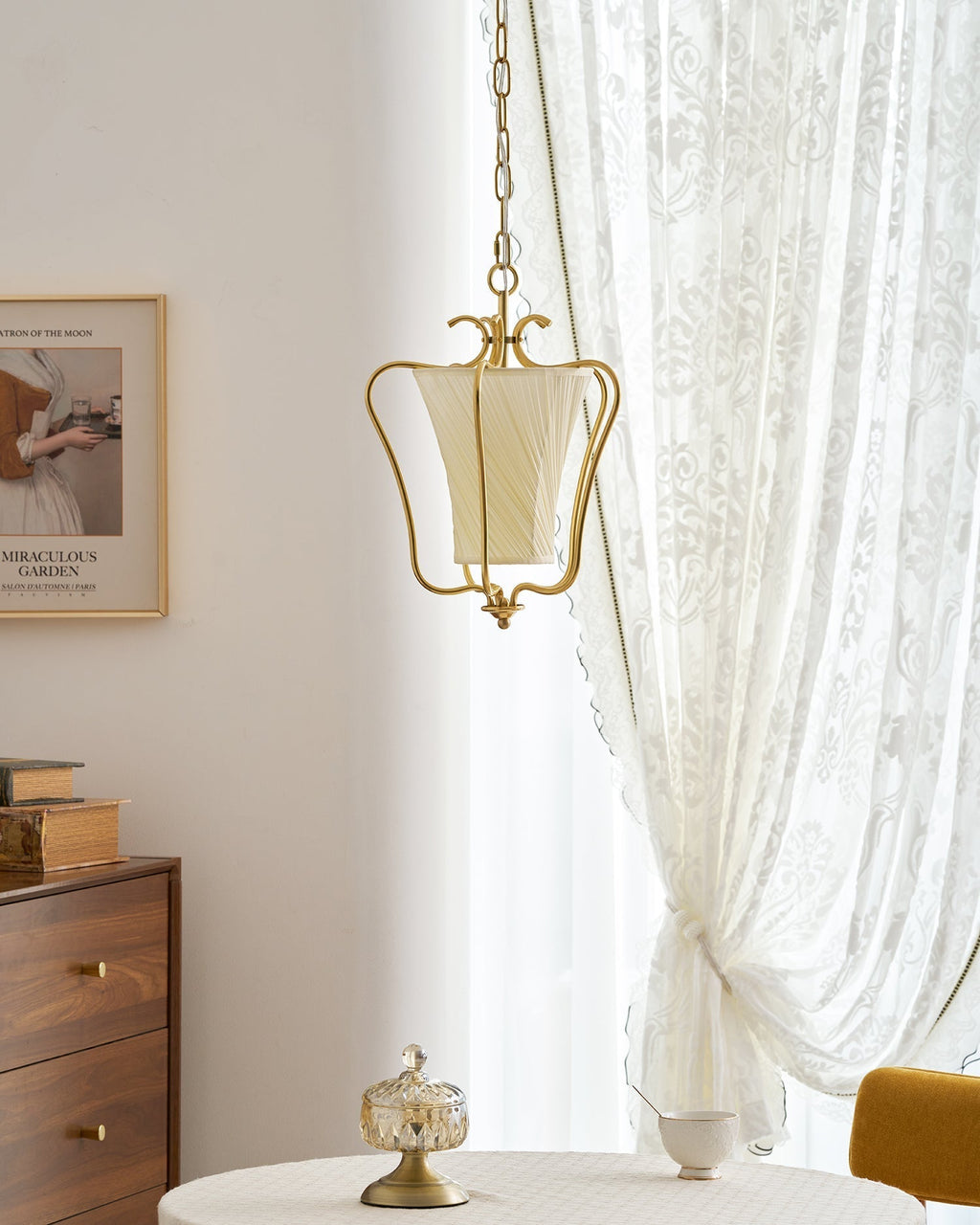 Vintage Brass Finish Lantern Pendant With Pleated Fabric Shade
