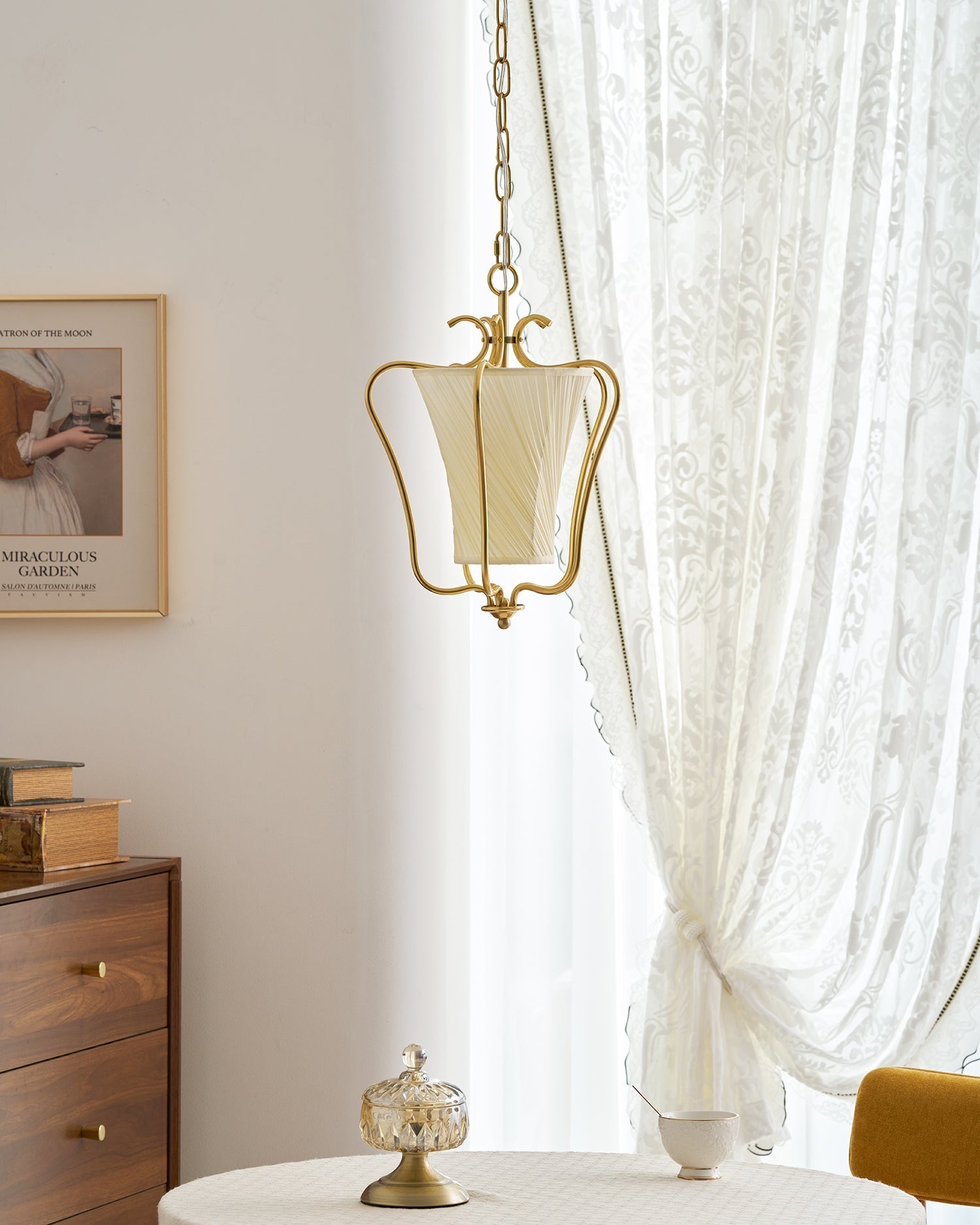 Vintage Brass Finish Lantern Pendant With Pleated Fabric Shade