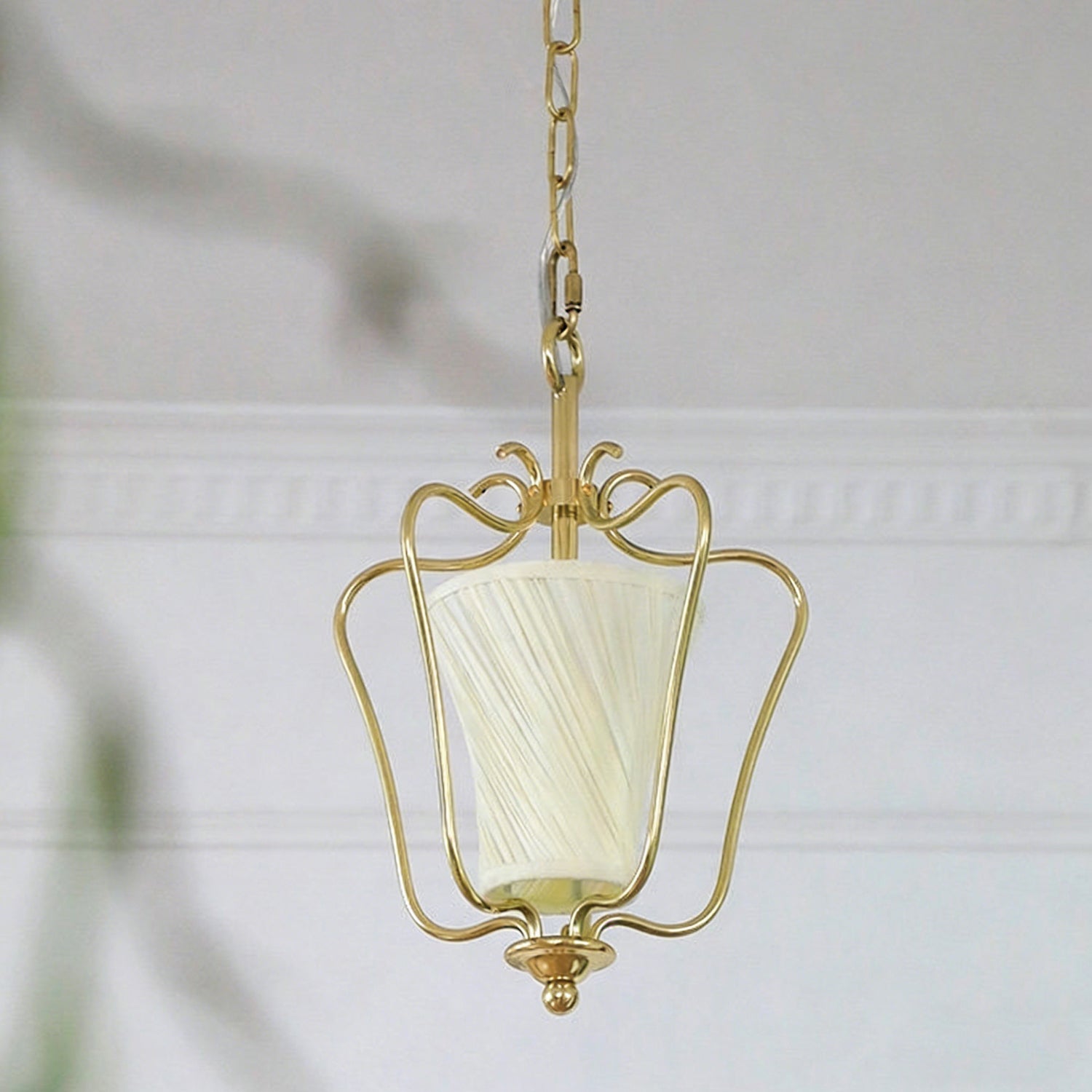 Vintage Brass Finish Lantern Pendant With Pleated Fabric Shade