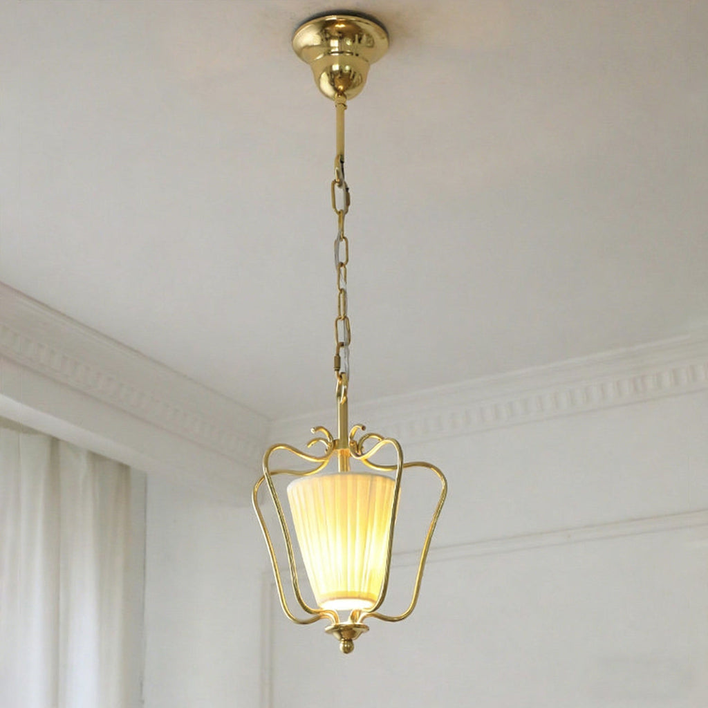 Vintage Brass Finish Lantern Pendant With Pleated Fabric Shade