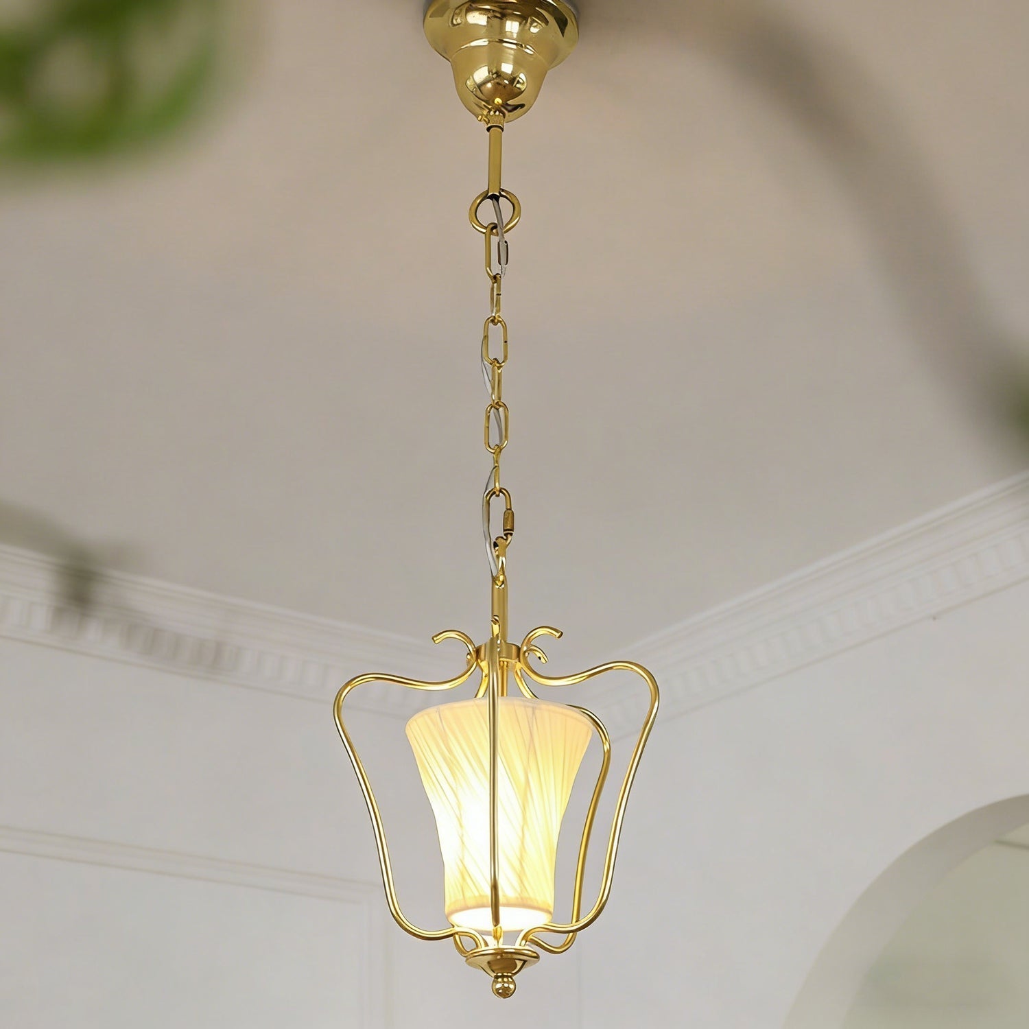 Vintage Brass Finish Lantern Pendant With Pleated Fabric Shade