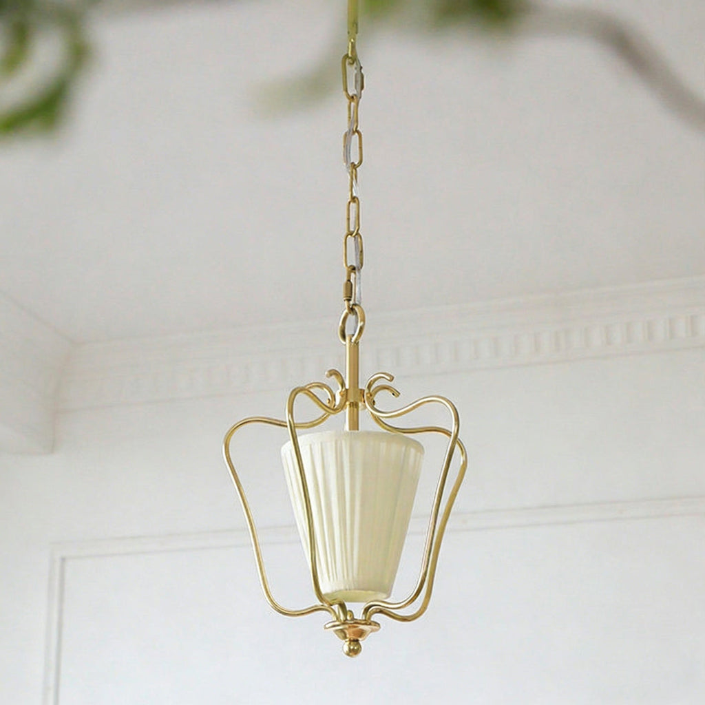 Vintage Brass Finish Lantern Pendant With Pleated Fabric Shade