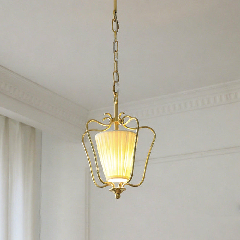 Vintage Brass Finish Lantern Pendant With Pleated Fabric Shade