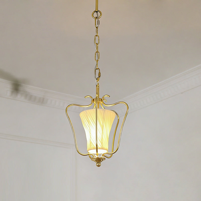 Vintage Brass Finish Lantern Pendant With Pleated Fabric Shade