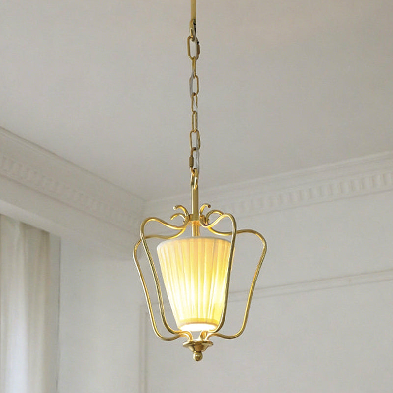 Vintage Brass Finish Lantern Pendant With Pleated Fabric Shade