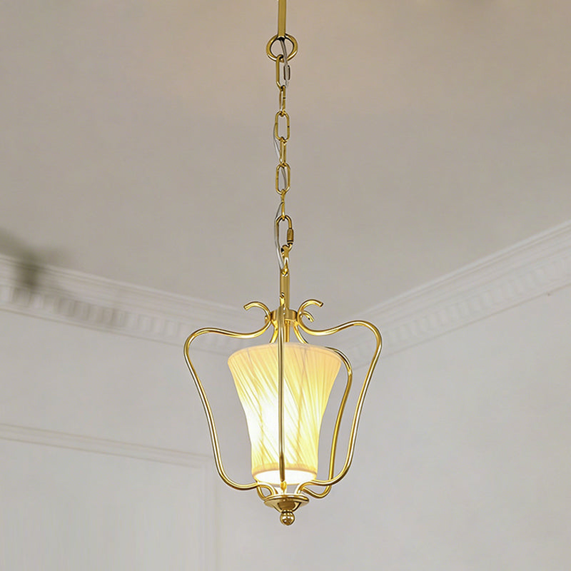 Vintage Brass Finish Lantern Pendant With Pleated Fabric Shade