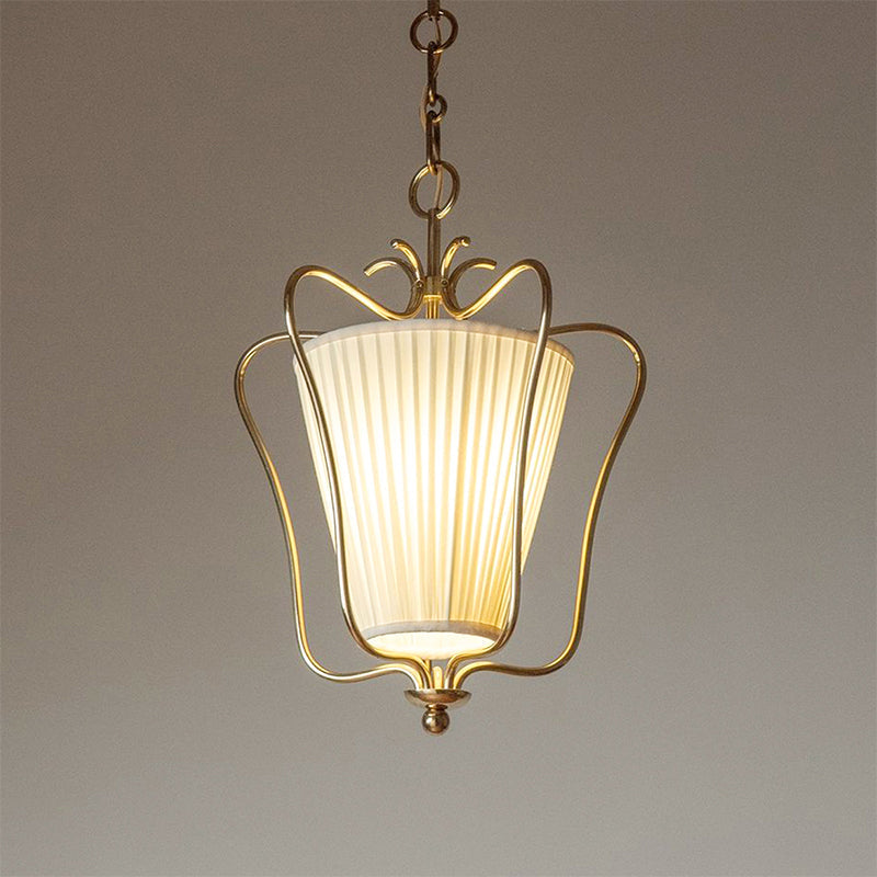 Vintage Brass Finish Lantern Pendant With Pleated Fabric Shade