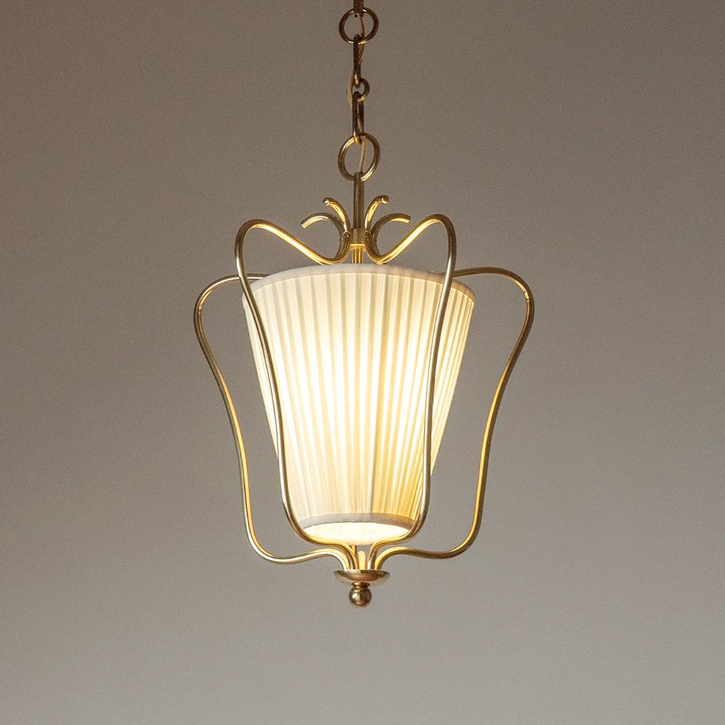 Vintage Brass Finish Lantern Pendant With Pleated Fabric Shade