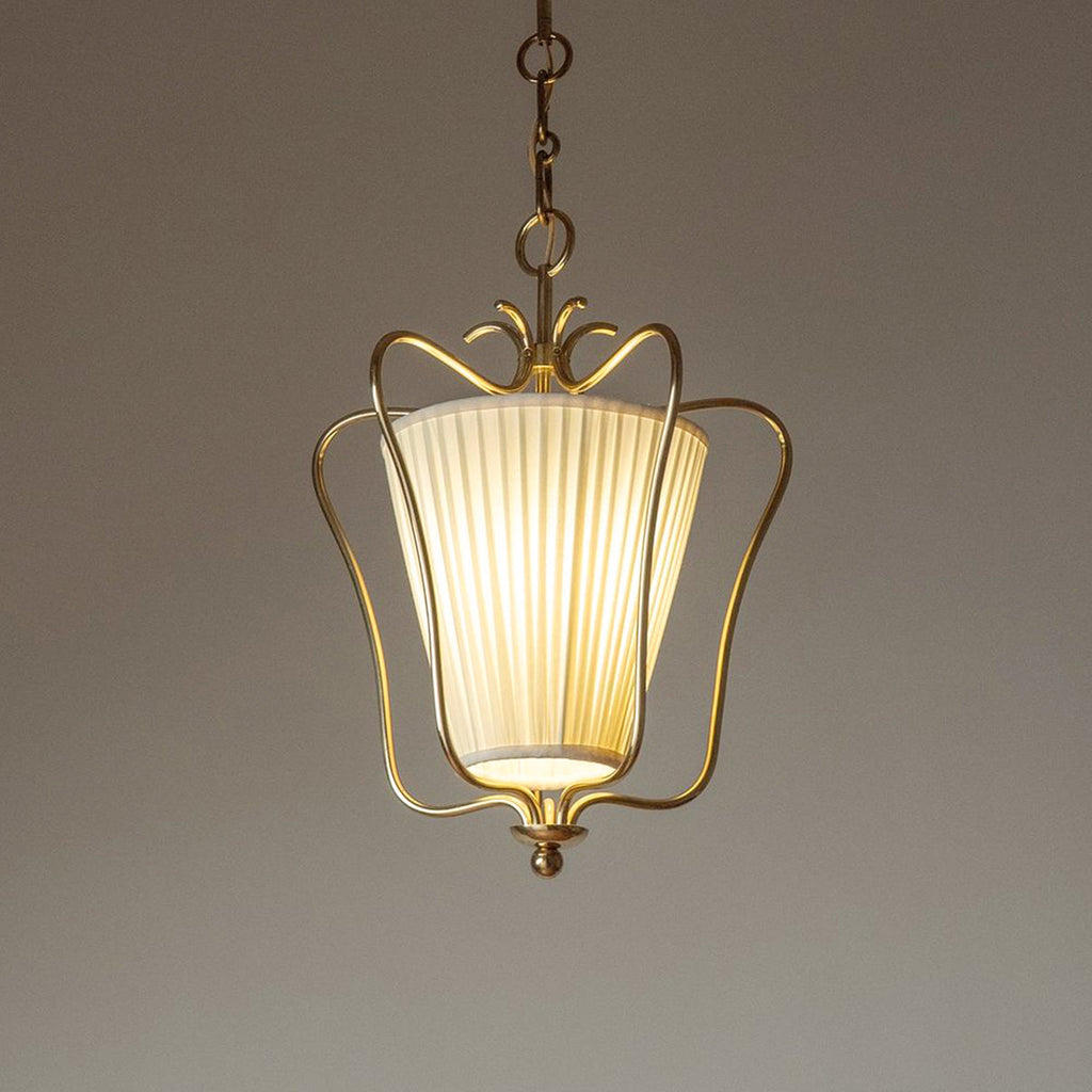 Vintage Brass Finish Lantern Pendant With Pleated Fabric Shade