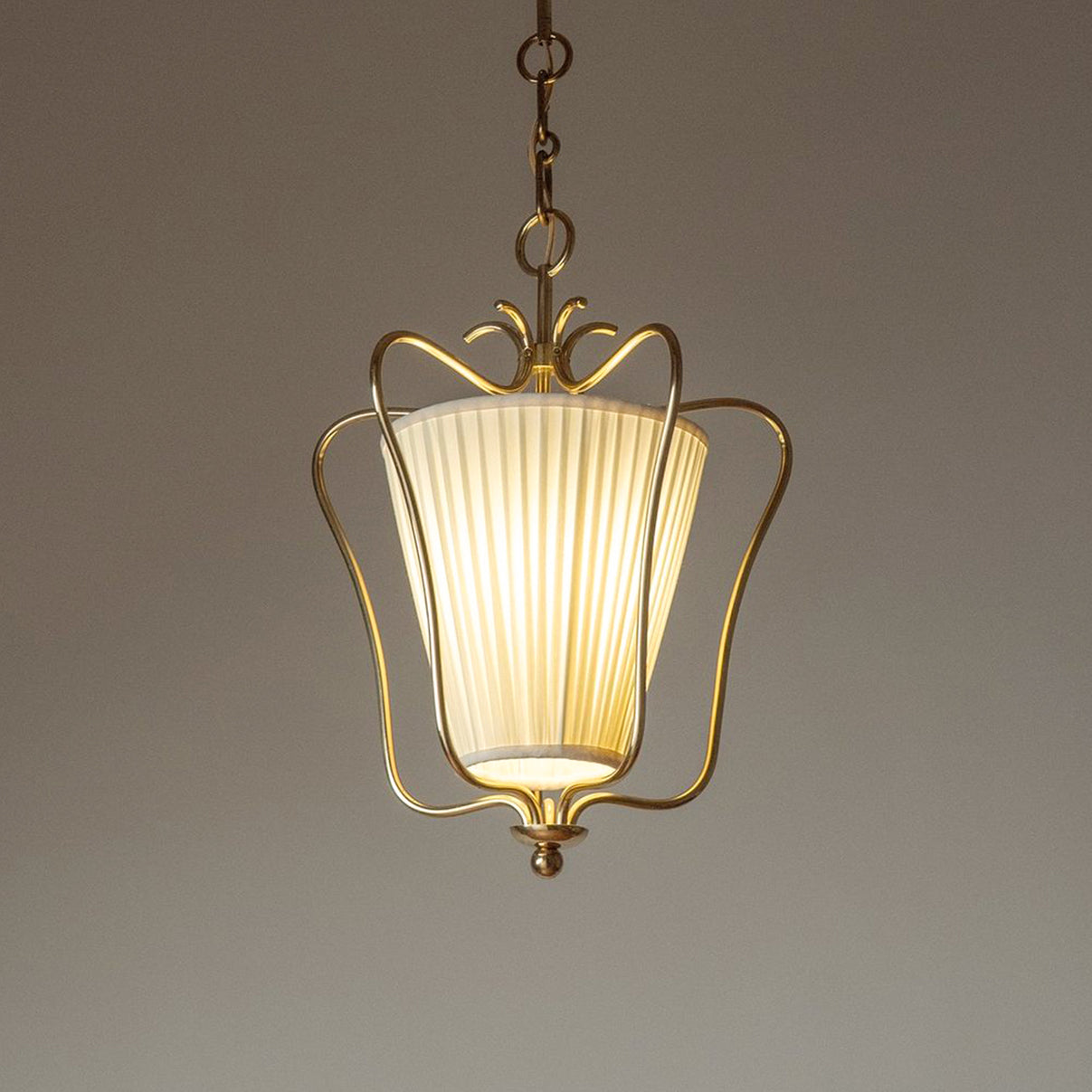 Vintage Brass Finish Lantern Pendant With Pleated Fabric Shade