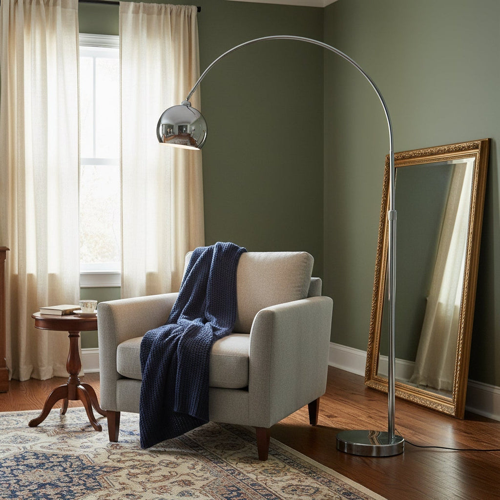Floor Lamp With Adjustable Telescoping Arm And Tiltable Head In Black Chrome Or White