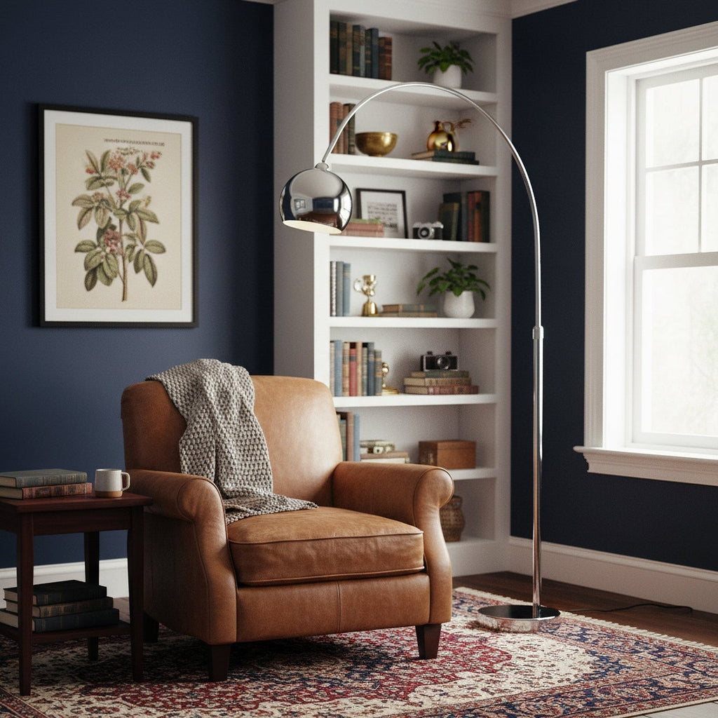 Floor Lamp With Adjustable Telescoping Arm And Tiltable Head In Black Chrome Or White