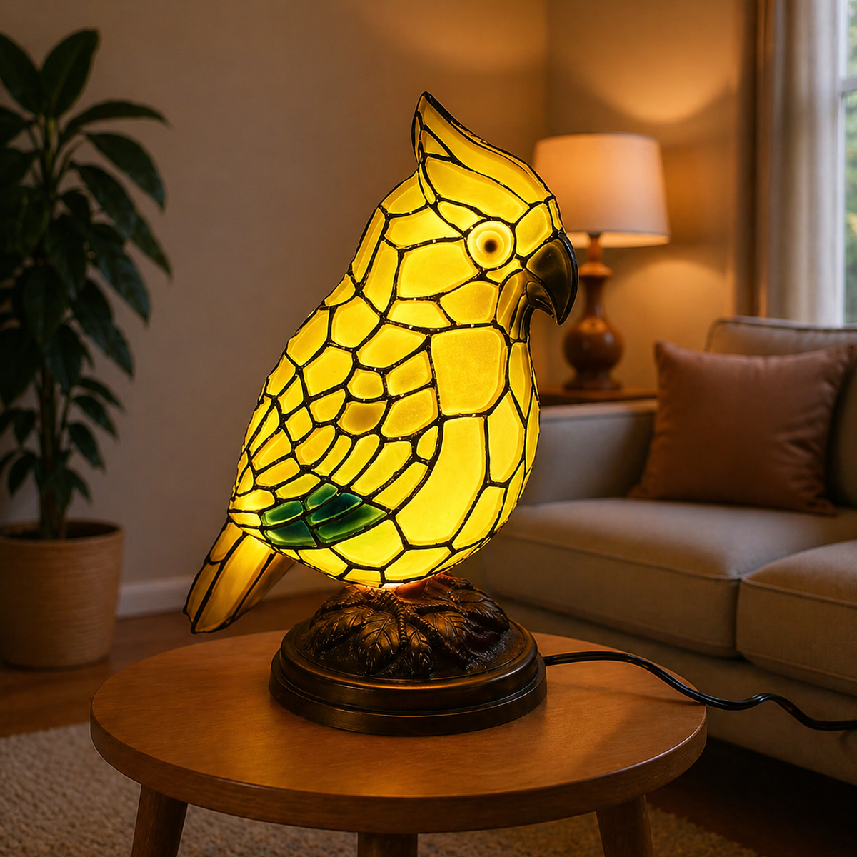Lampada da tavolo in vetro artistico alimentata tramite USB - design con uccello cardinale rosso e luce calda verso il basso
