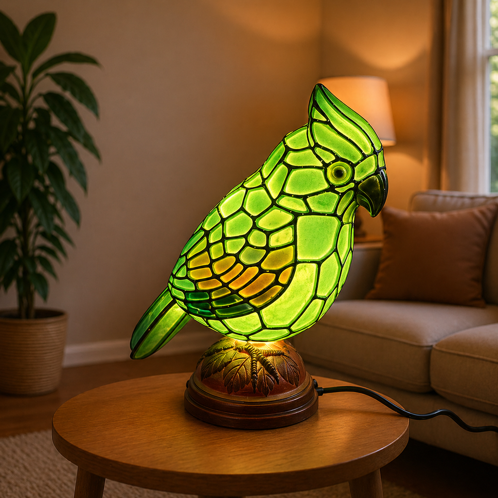 Lampada da tavolo in vetro artistico alimentata tramite USB - design con uccello cardinale rosso e luce calda verso il basso