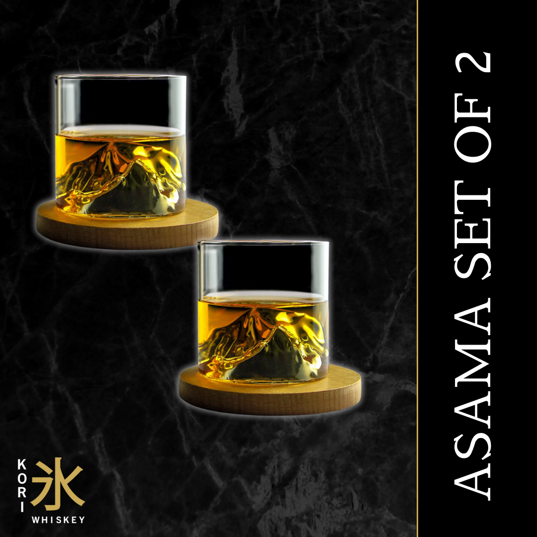 Set di due bicchieri da whiskey con rilievo montano in scatola di legno, 200 ml, design giapponese