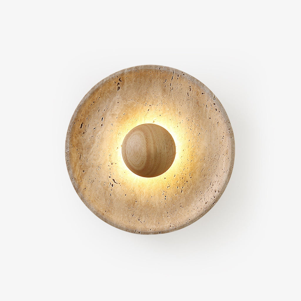 Wall Light With Integrated Led Featuring Travertine And Wood Disc For Indoor Use, Elegant Home Accent