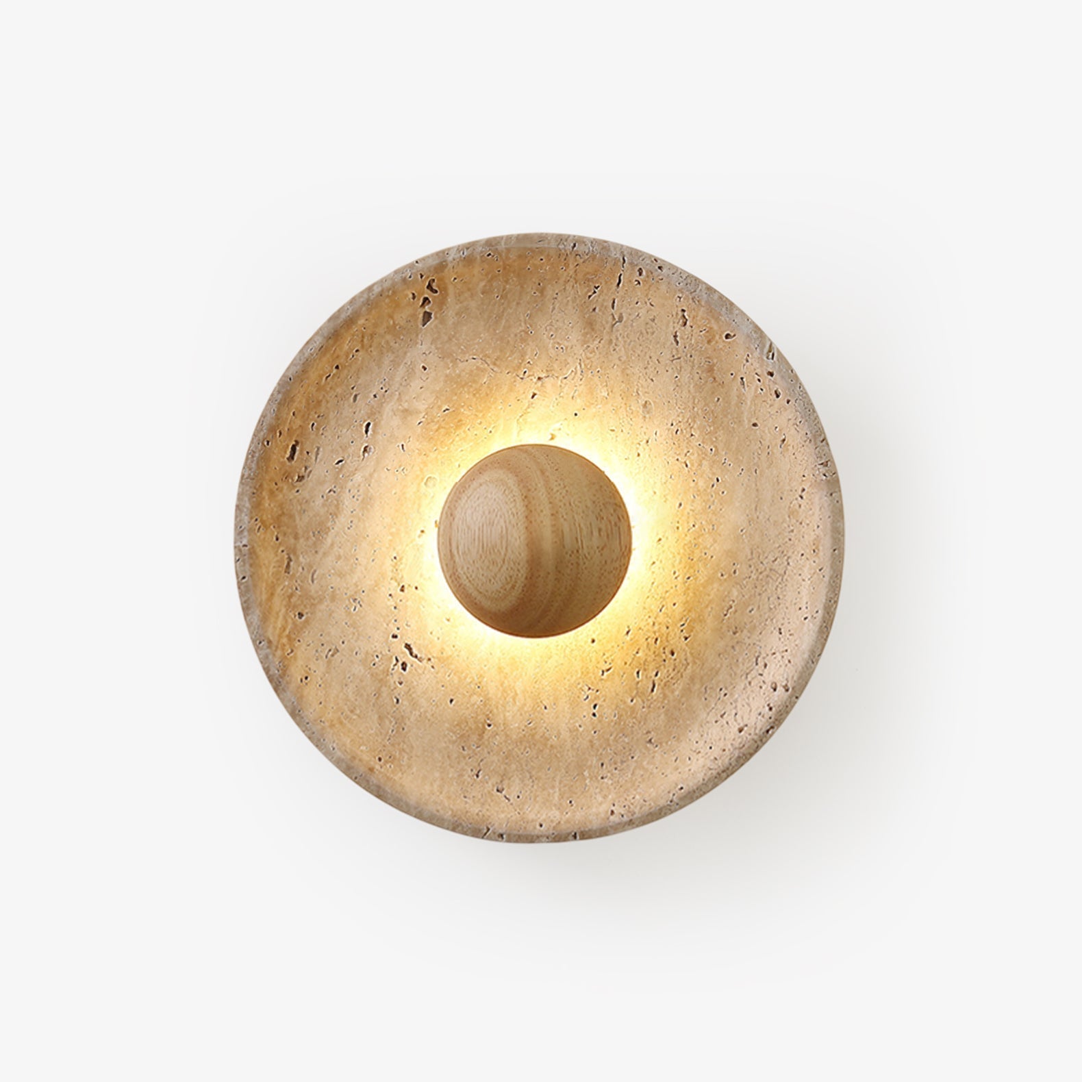 Wall Light With Integrated Led Featuring Travertine And Wood Disc For Indoor Use, Elegant Home Accent