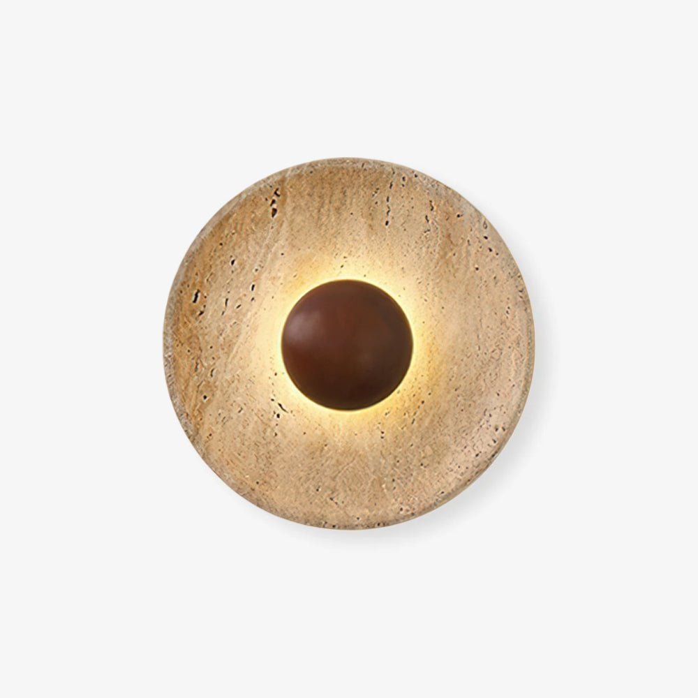 Wall Light With Integrated Led Featuring Travertine And Wood Disc For Indoor Use, Elegant Home Accent