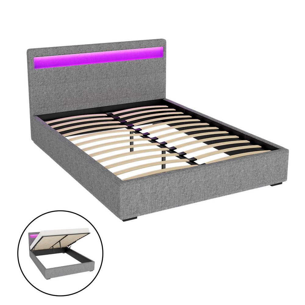 Grey Upholstered Bed Frame With Gas Lift Storage And LED Headboard, 140x190 cm
