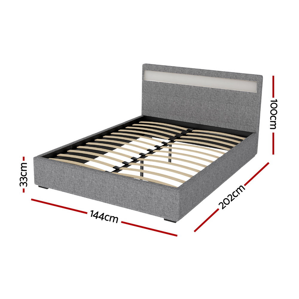 Grey Upholstered Bed Frame With Gas Lift Storage And LED Headboard, 140x190 cm