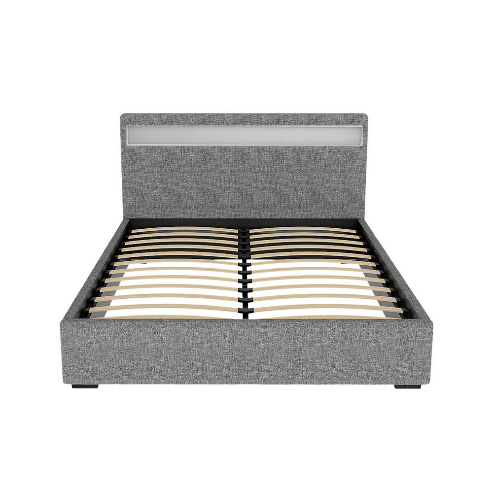Grey Upholstered Bed Frame With Gas Lift Storage And LED Headboard, 140x190 cm