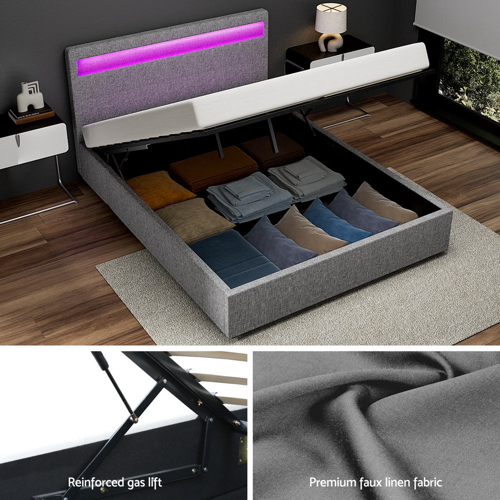 Grey Upholstered Bed Frame With Gas Lift Storage And LED Headboard, 140x190 cm