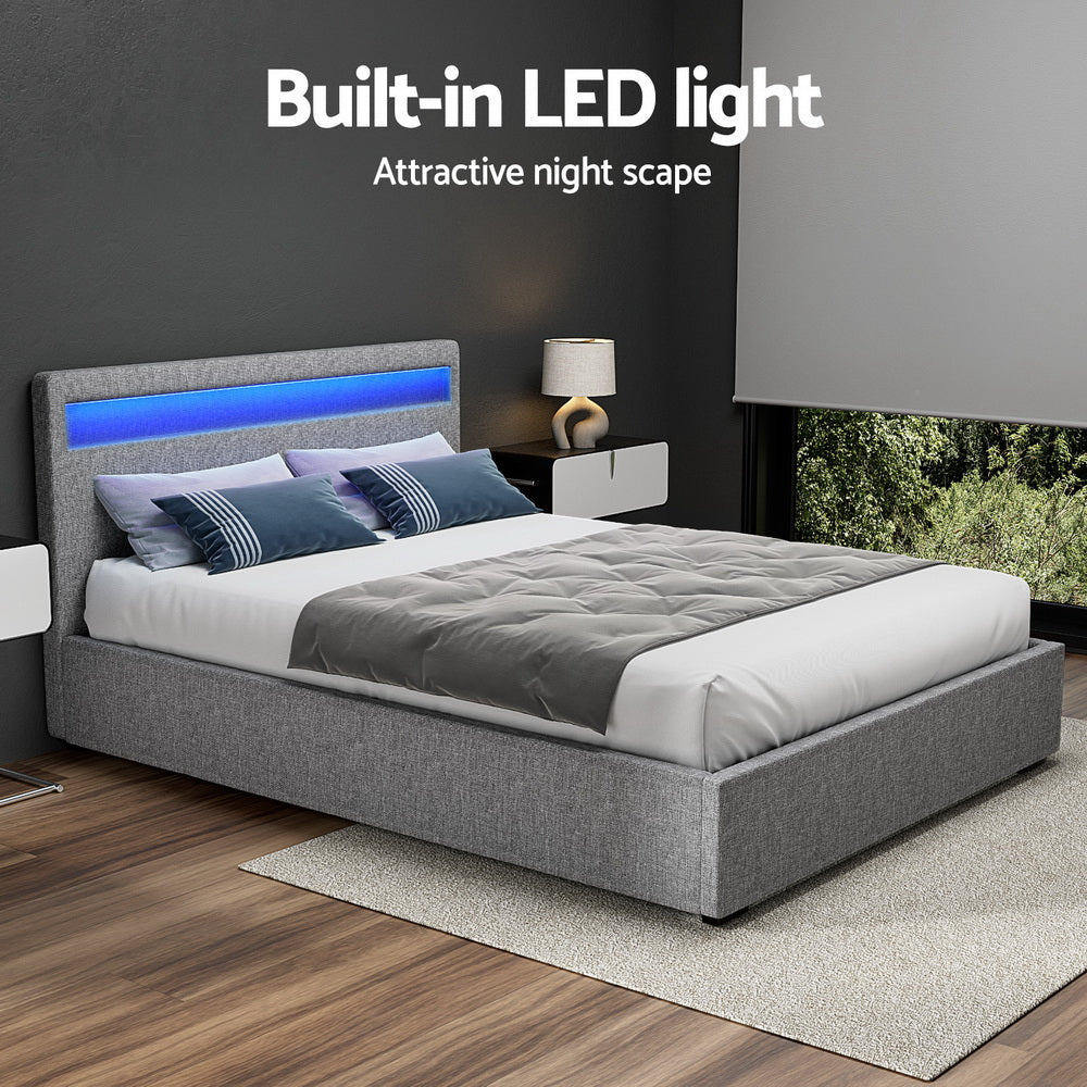 Grey Upholstered Bed Frame With Gas Lift Storage And LED Headboard, 140x190 cm