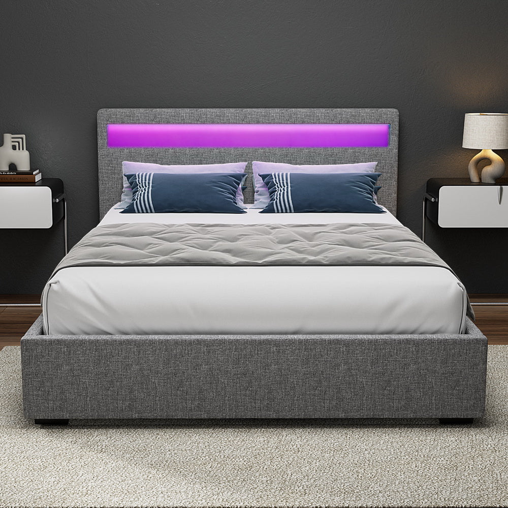 Grey Upholstered Bed Frame With Gas Lift Storage And LED Headboard, 140x190 cm