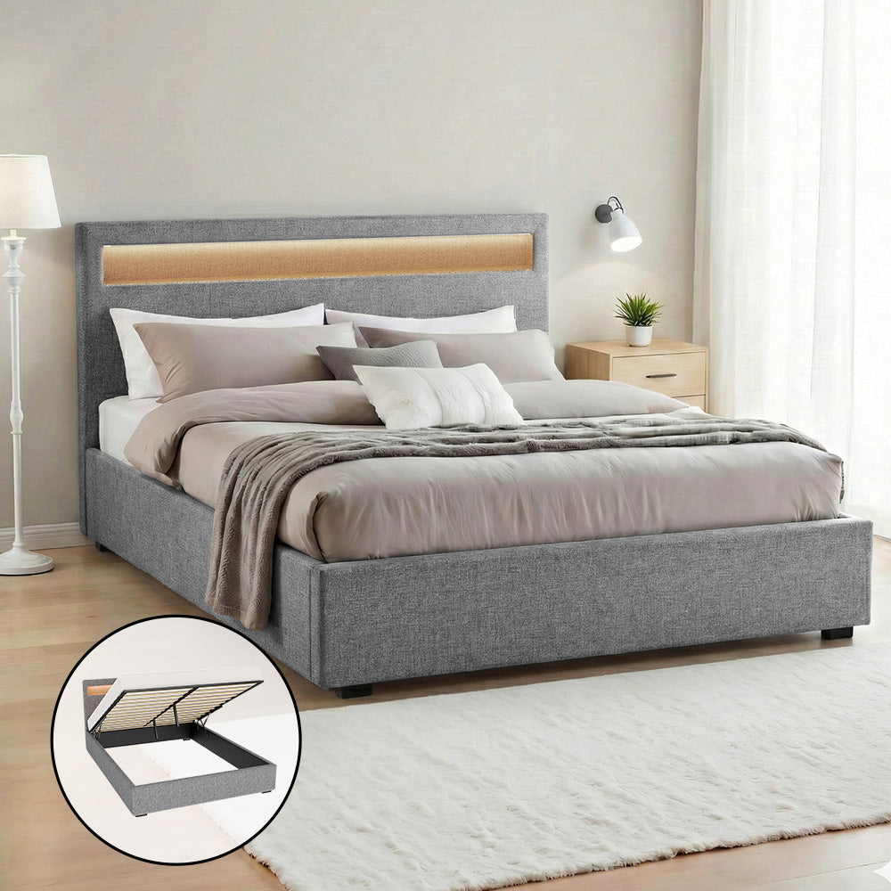 Grey Upholstered Bed Frame With Gas Lift Storage And LED Headboard, 140x190 cm