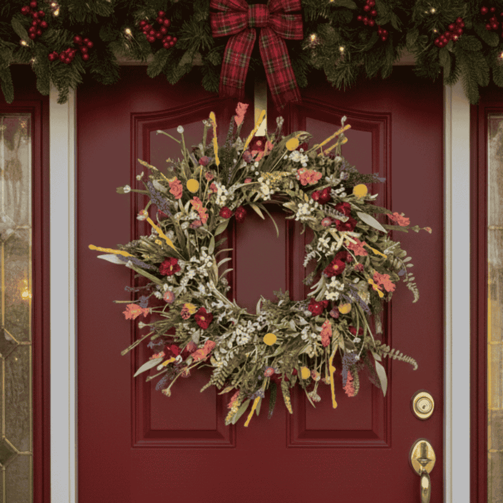 VerdantAura Lush Door Wreath — Realistic Blossoms, Balanced Color Accents