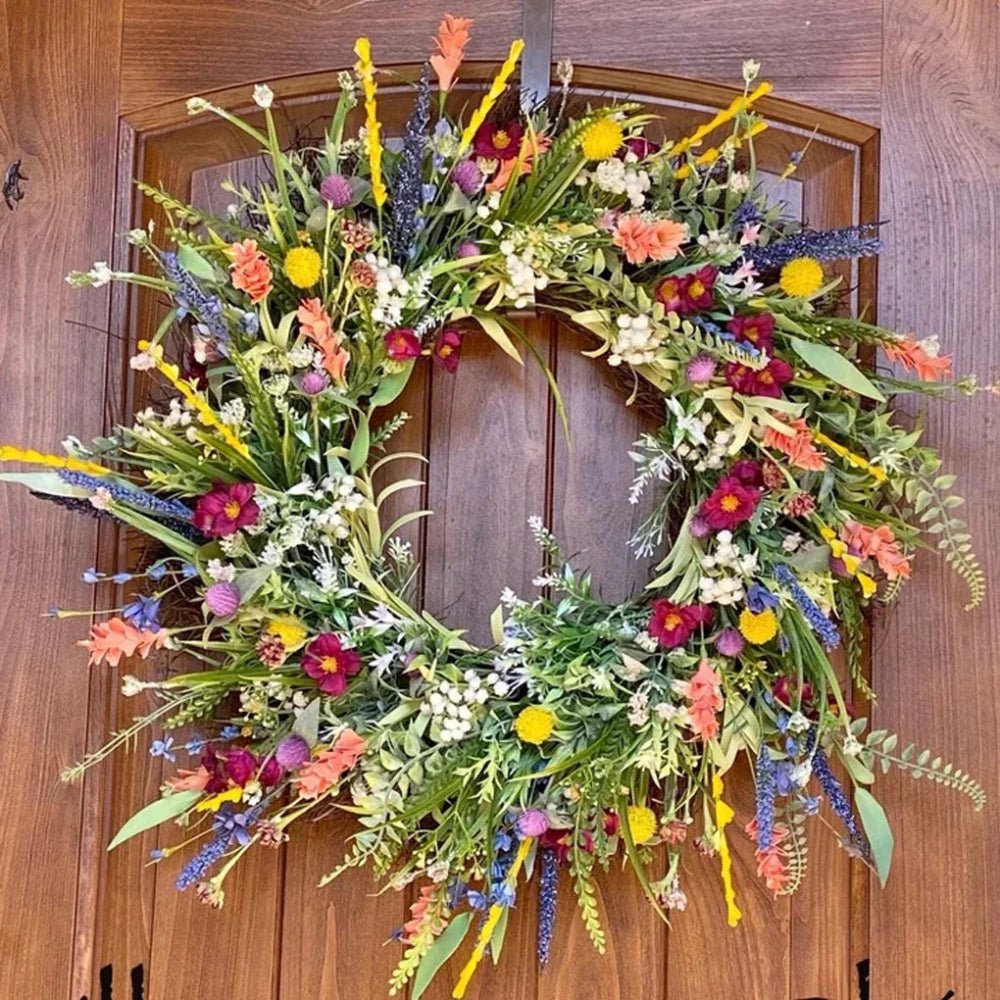 VerdantAura Lush Door Wreath — Realistic Blossoms, Balanced Color Accents